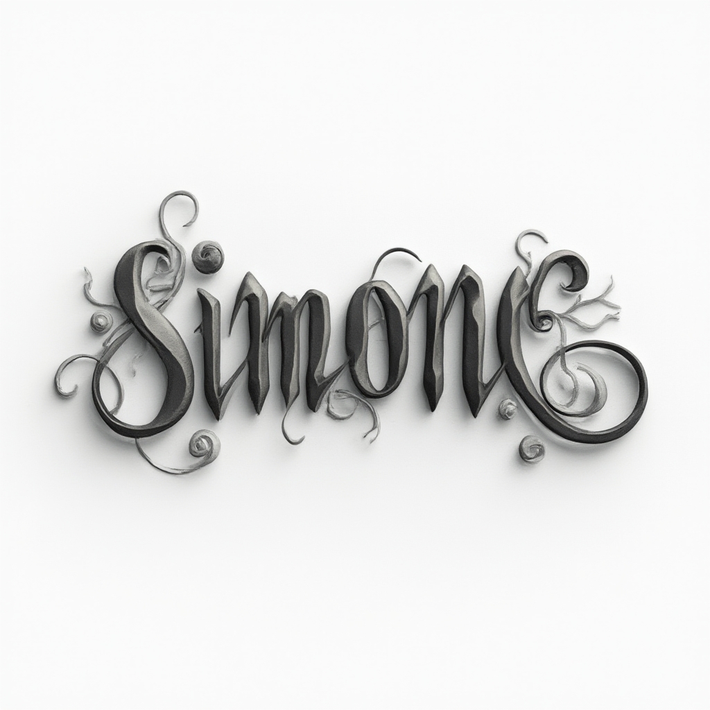 Dimensional grayscale tattoo concept of the name simone with flowing sculpted letters on white