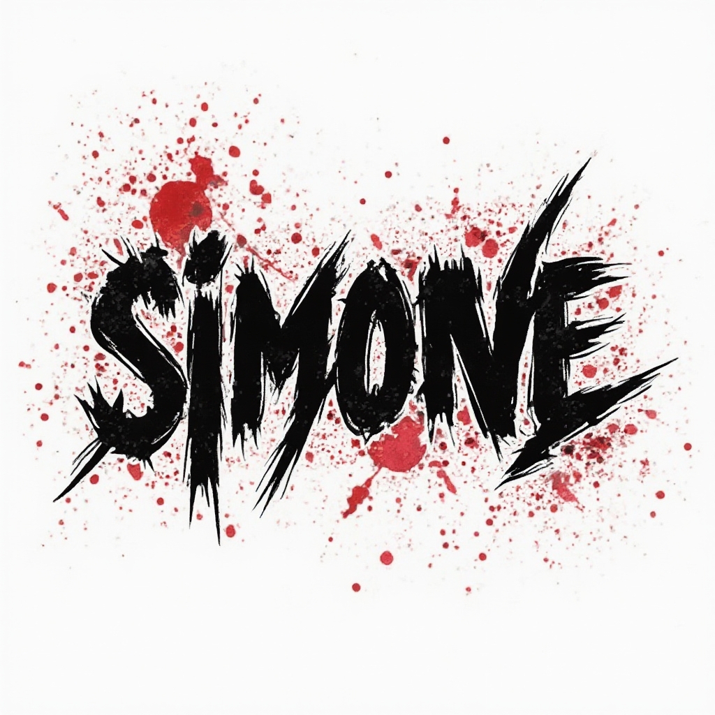 Trash Polka tattoo concept of the name simone with bold black and red shards on white
