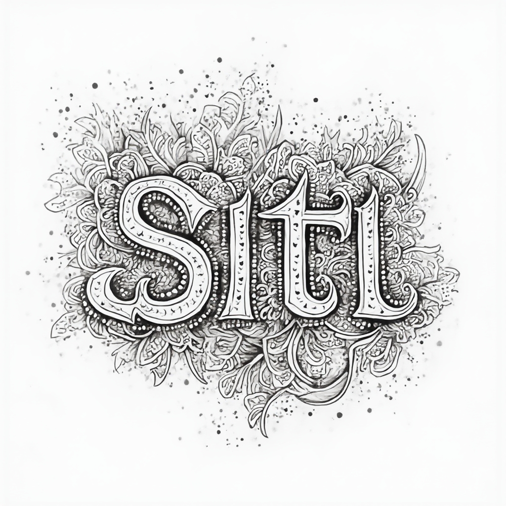 Ornamental geometric tattoo concept with filigree and dotwork shapes forming the name siti on a white background.