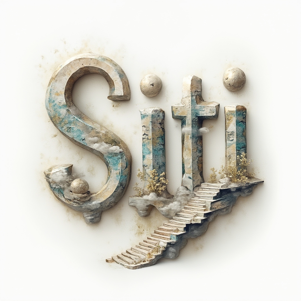 Surreal architectural tattoo concept where the word siti is formed by floating, impossible structures on a white background.