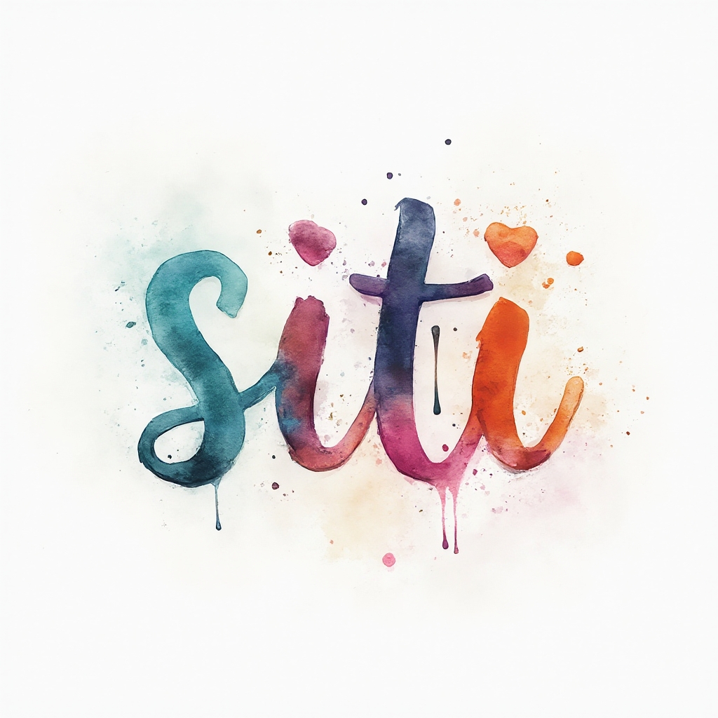 Watercolor-style abstract name tattoo design forming the word siti with colorful flowing paint on a white background.