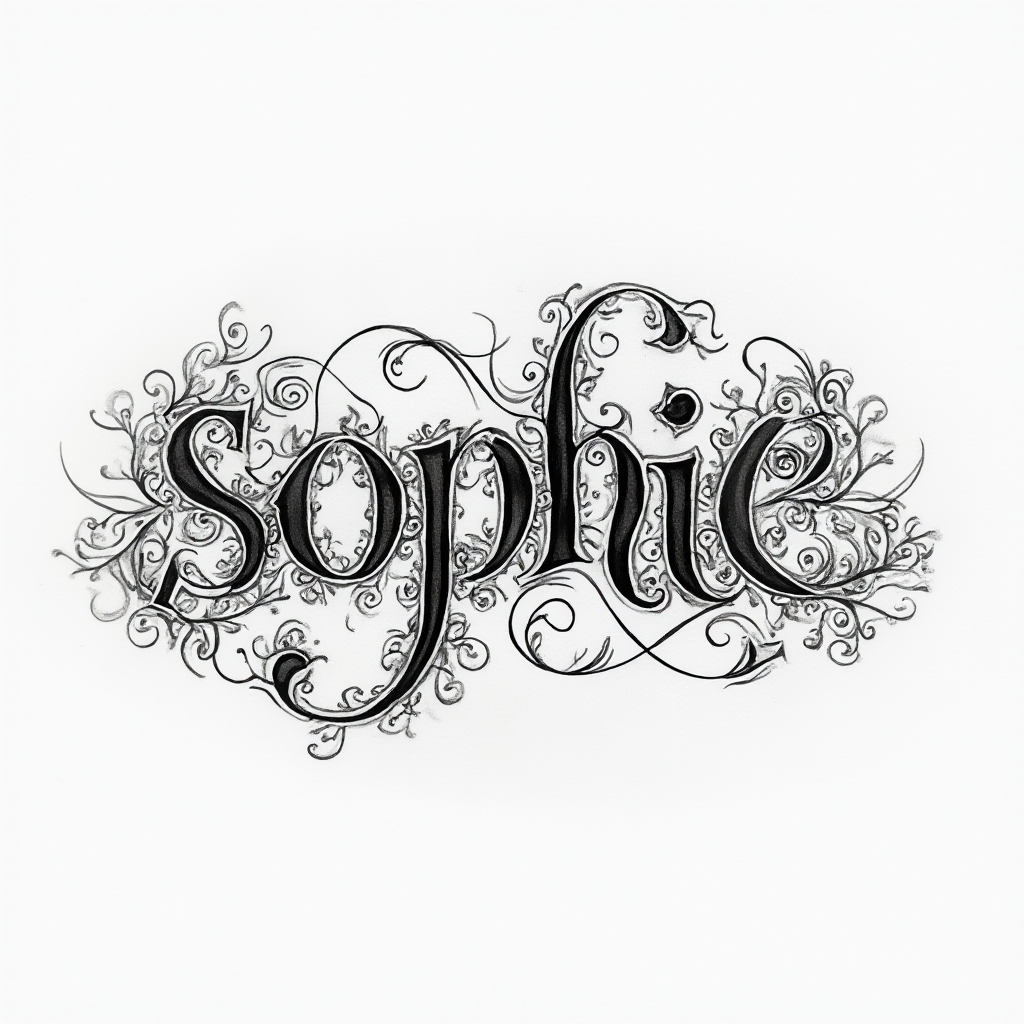Ornamental abstract tattoo concept of the name sophie made of intricate flowing linework on a white background