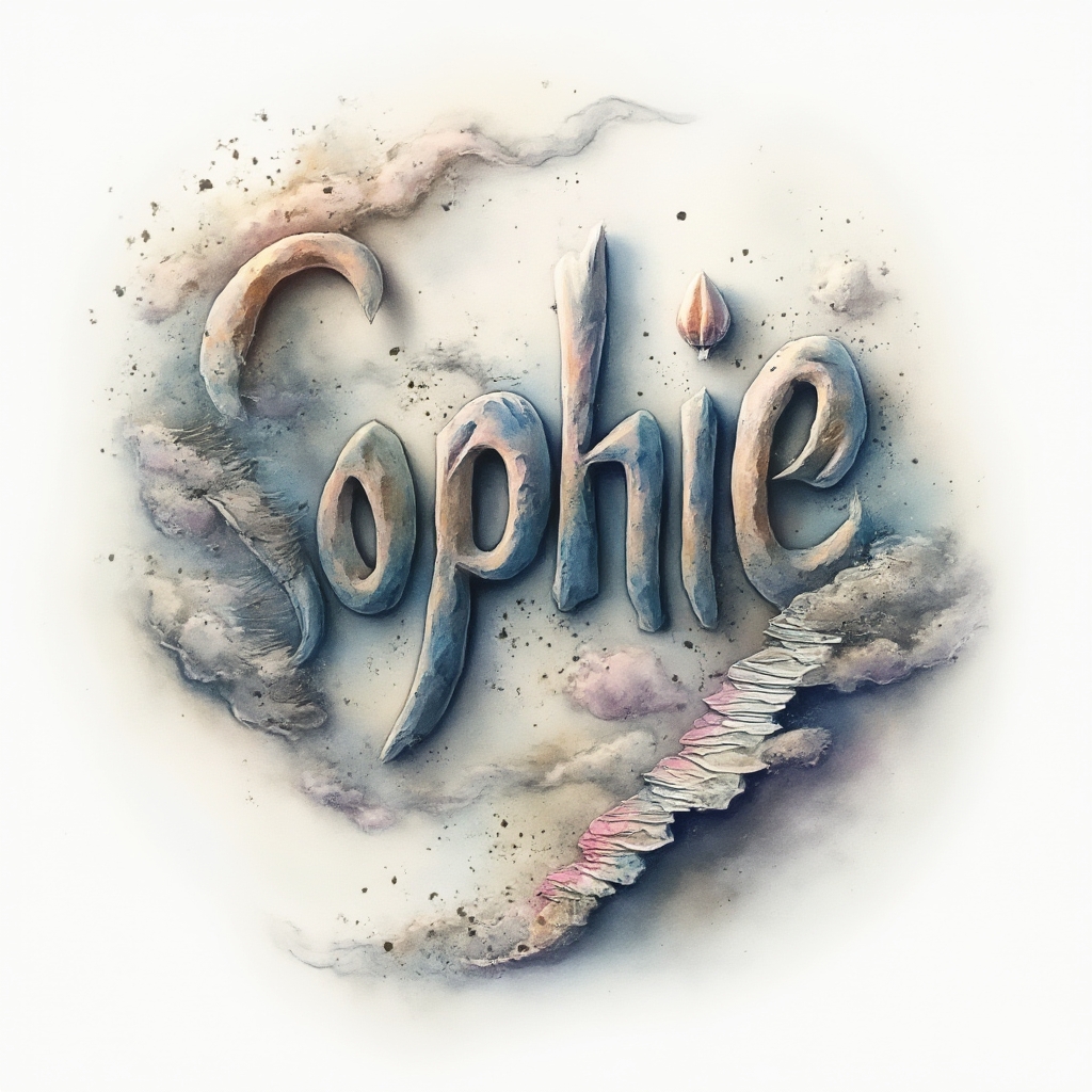 Surrealist tattoo concept where the name sophie transforms into a dreamlike structure on a white background