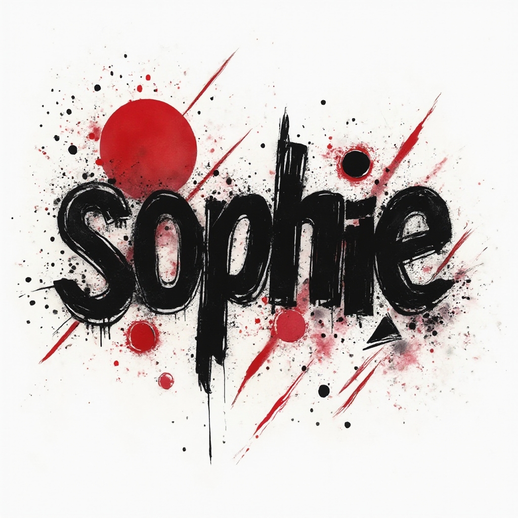 Trash Polka tattoo concept of the name sophie with bold black and red abstract elements on a white background