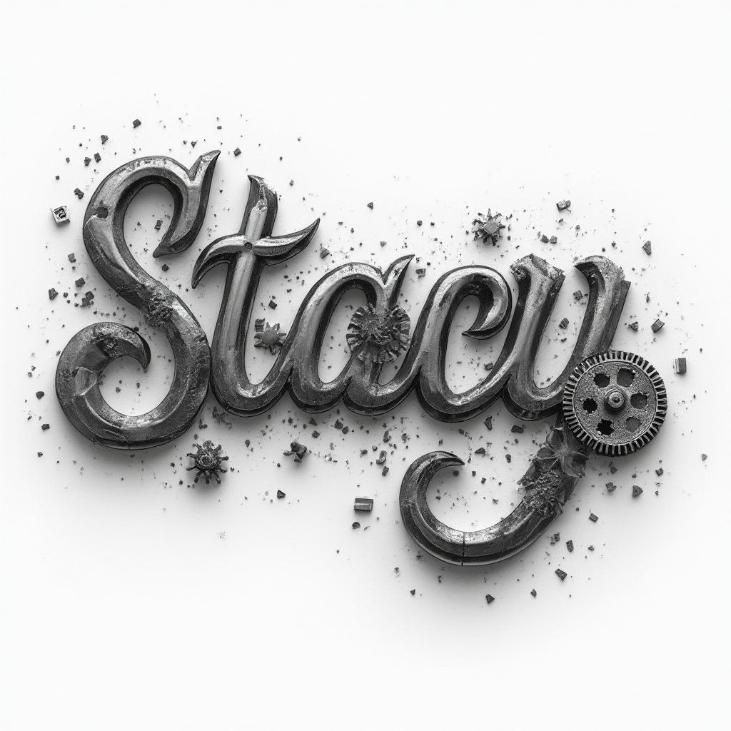 Futuristic metallic tattoo design of the name stacy formed from interlocking chrome-like letters on white.