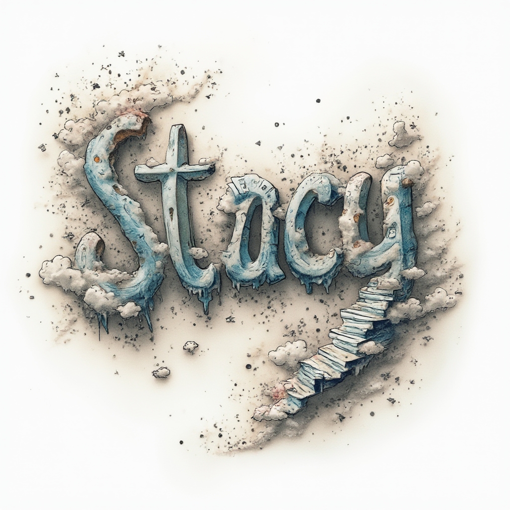 Surreal tattoo design of the name stacy built from impossible shapes and dreamlike objects on a white background.