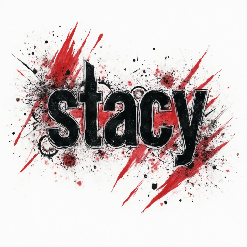 Trash Polka style tattoo concept of the name stacy with bold black and red abstract elements on white.