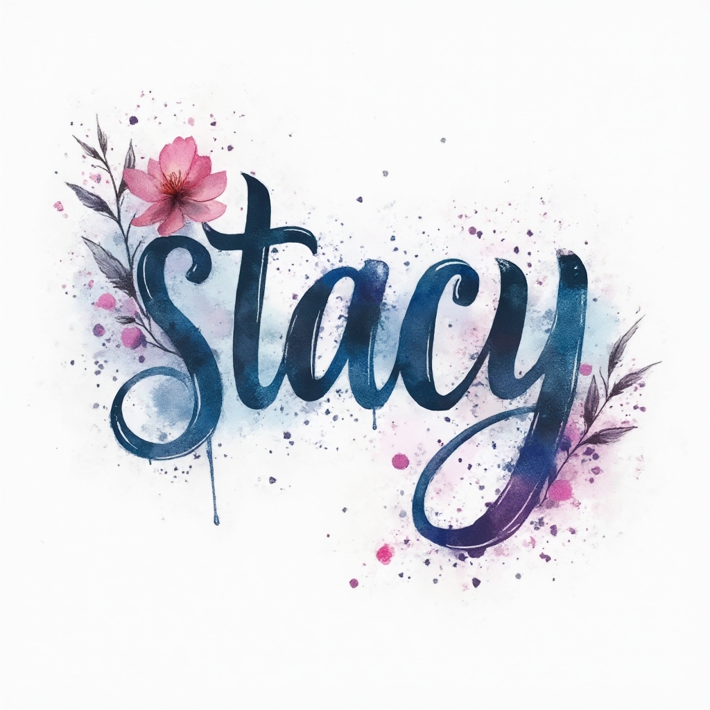 Watercolor tattoo concept of the name stacy formed by flowing paint and splashes on a white background.