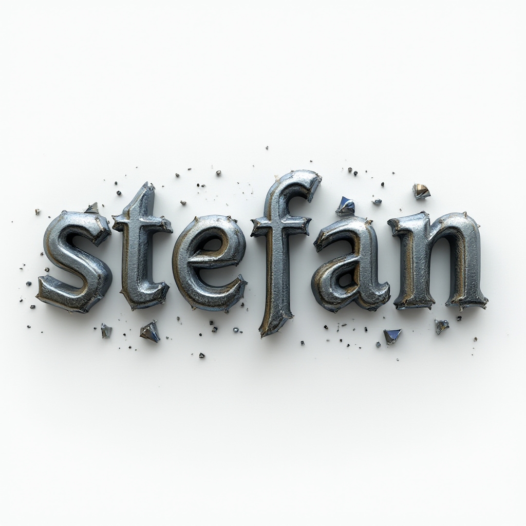 Three-dimensional metallic structure where polished letters form the name stefan on a white background