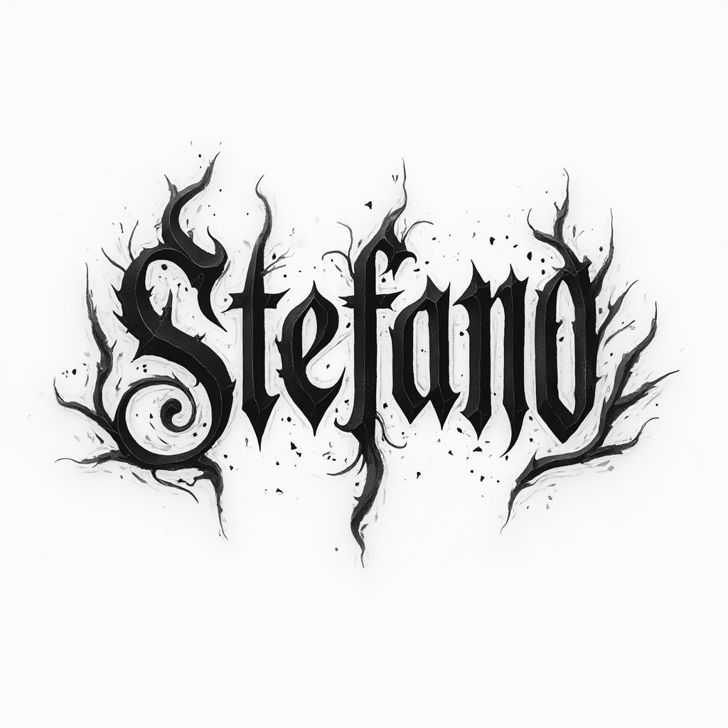 Ornamental tattoo design where the name stefano is formed from dynamic sculpted black ink lettering on a white background.