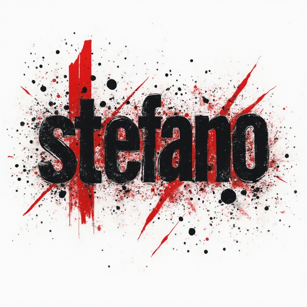 Trash Polka tattoo design featuring the name stefano in distressed black and red expressive lettering on a white background.