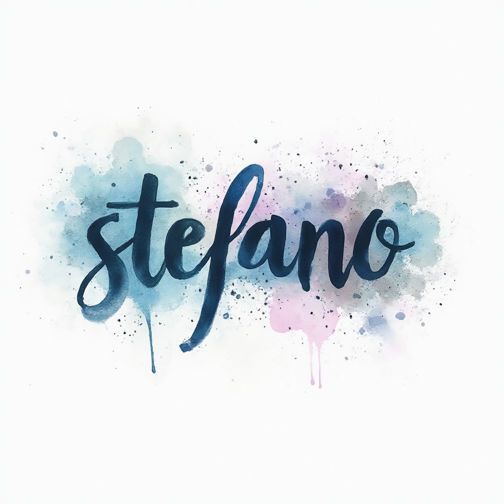 Watercolor tattoo concept of the name stefano integrated into flowing multicolor brushstroke lettering on a white background.