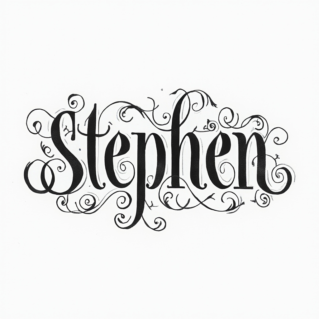 Ornamental black line tattoo concept where the name stephen is formed from elegant swirling lettering on a white background.