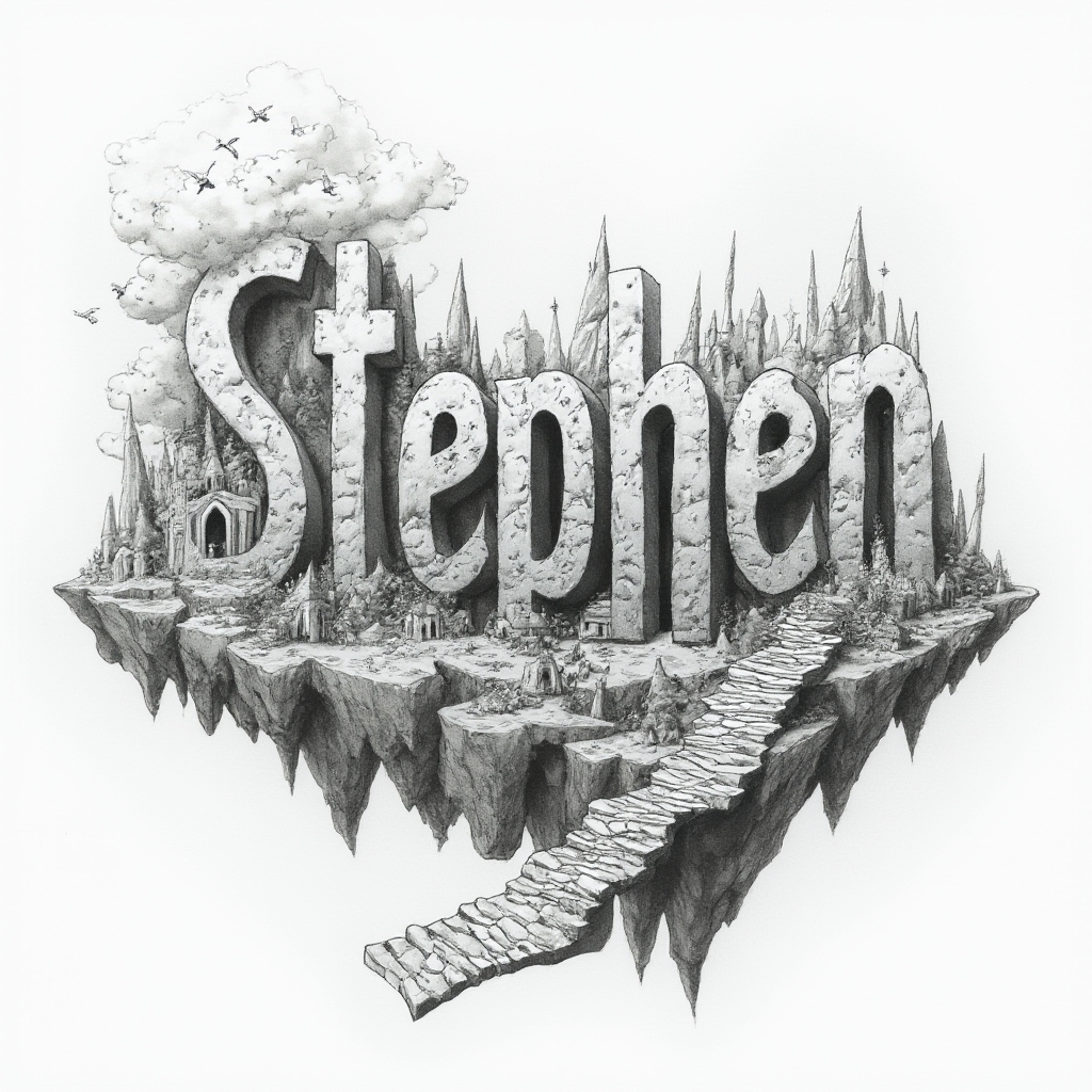 Surreal tattoo concept where the name stephen is built from impossible architecture and floating rocks on a white background.
