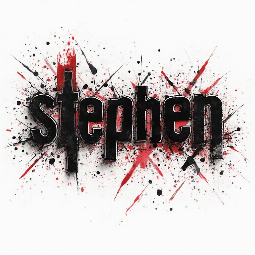 Trash Polka tattoo concept with the name stephen in distressed lettering among black and red splatters on a white background.
