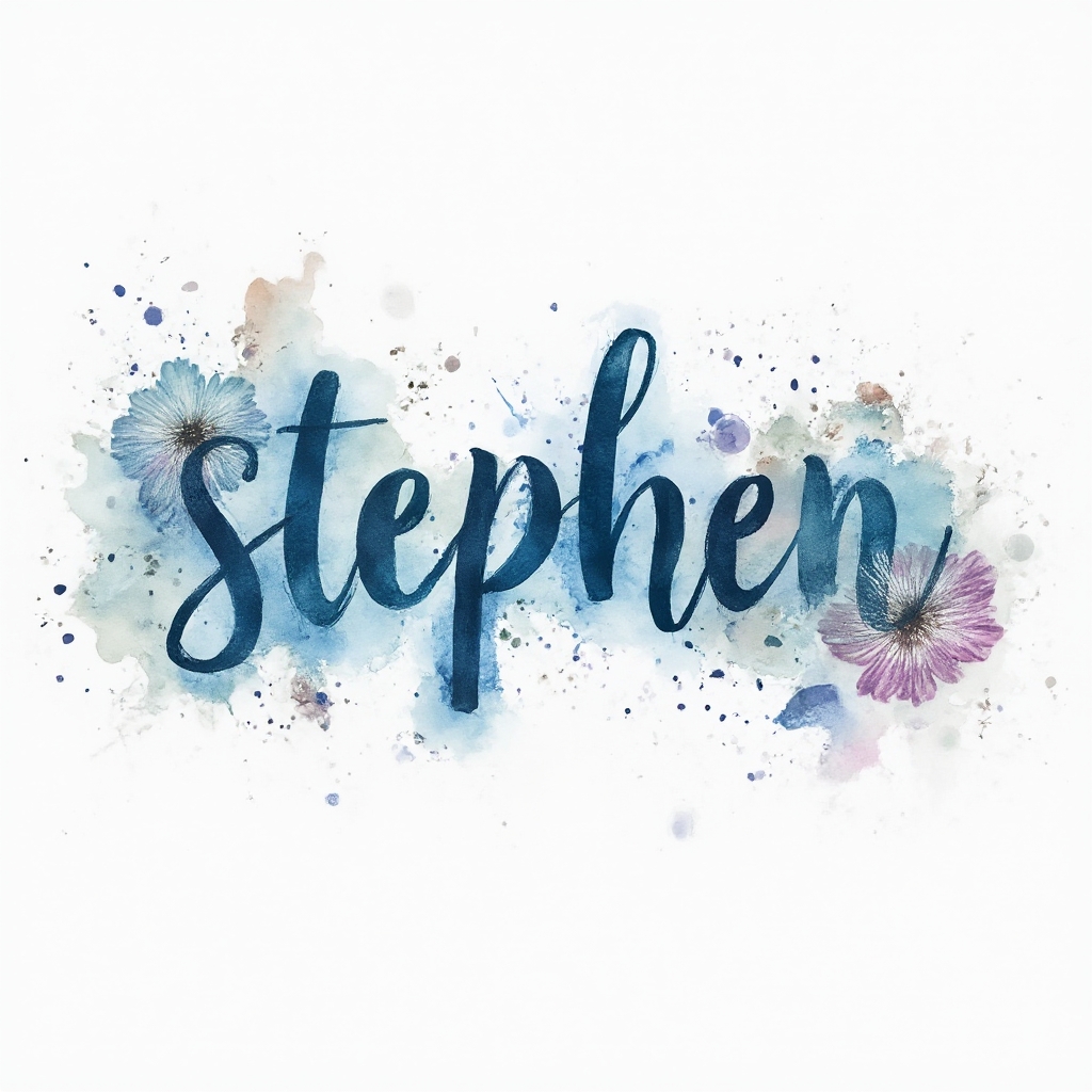 Watercolor name tattoo concept where the word stephen is painted in soft flowing watercolor letters with colorful splashes on a white background.