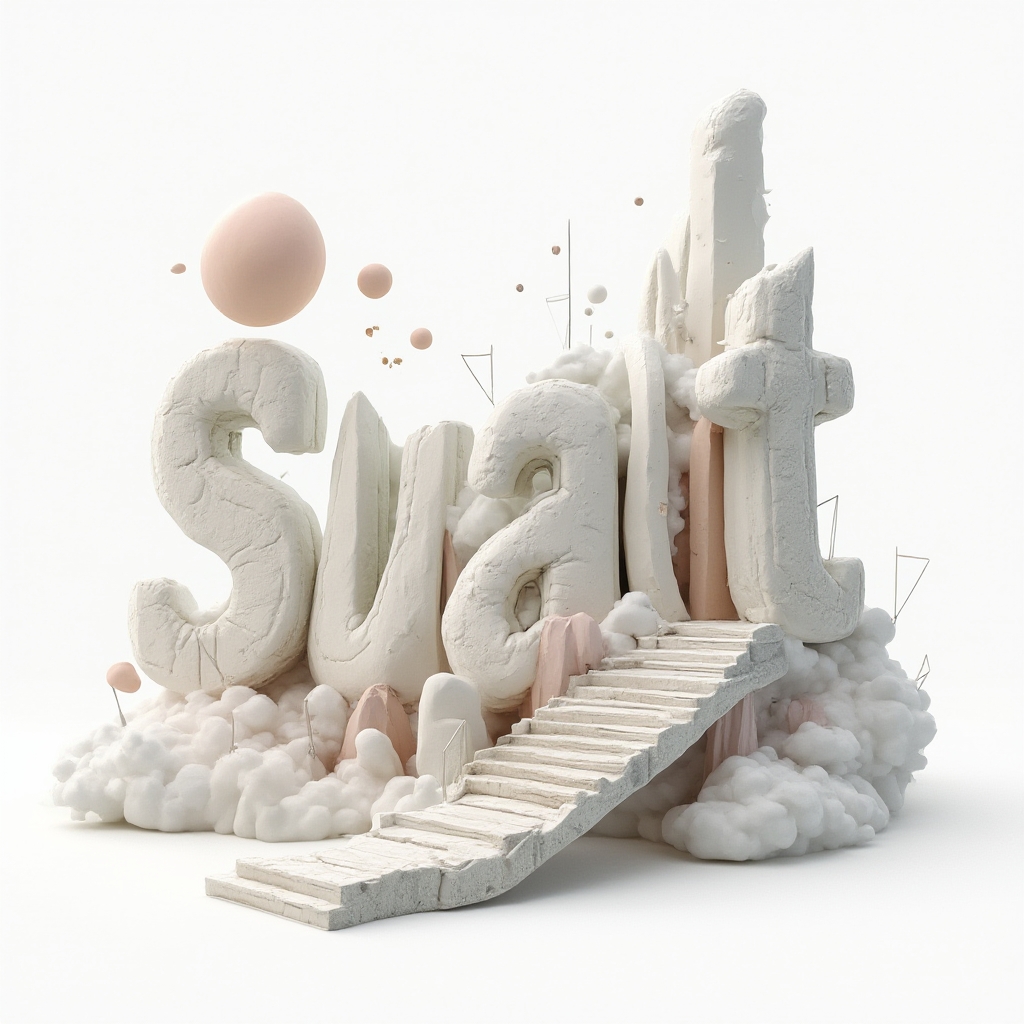 The name suat shaped into surreal dreamlike letters forming a small impossible landscape on a white background.