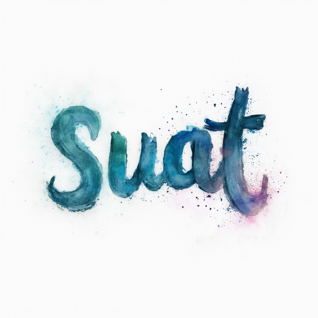 The name suat painted as flowing watercolor lettering with colorful splashes on a white background.