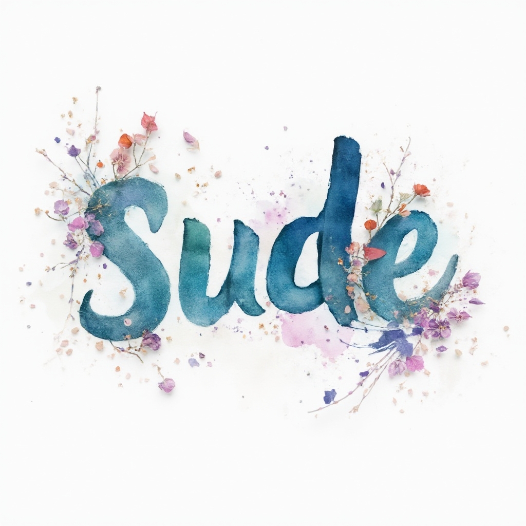 Watercolor tattoo concept where the name sude appears as fluid, colorful brush lettering on a white background.