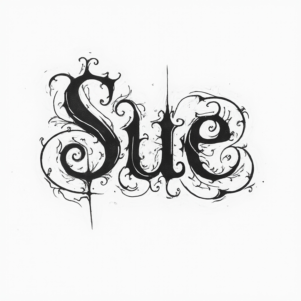 Monochrome tattoo concept where the name sue is woven into an ornate flowing sigil on a white background.