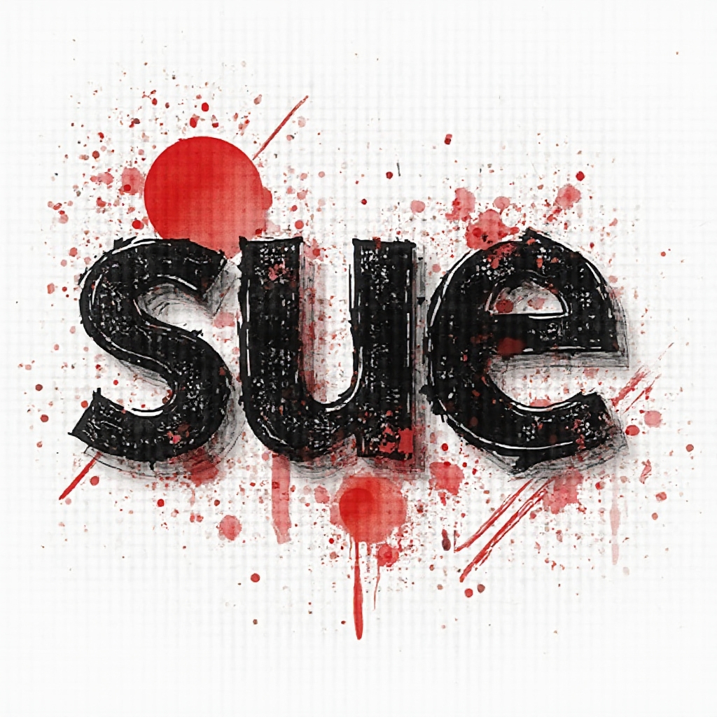 Trash Polka tattoo concept where the name sue is formed by rough black letters with red splashes and graphic fragments on a white background.