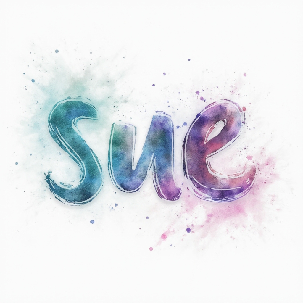 Watercolor tattoo concept where the name sue is painted in fluid brushstroke letters with colorful splashes on a white background.