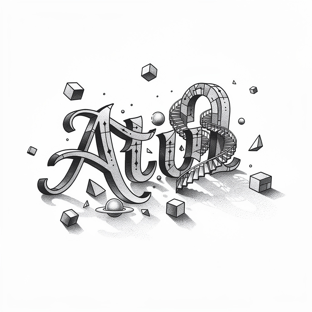 Surreal black-and-grey tattoo design incorporating the name Atul.