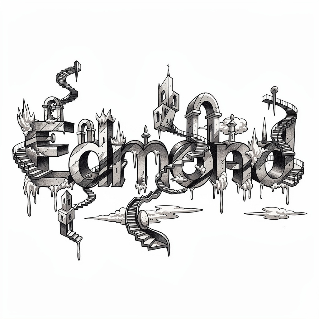 Surrealist tattoo design of the name Edmond on a white background