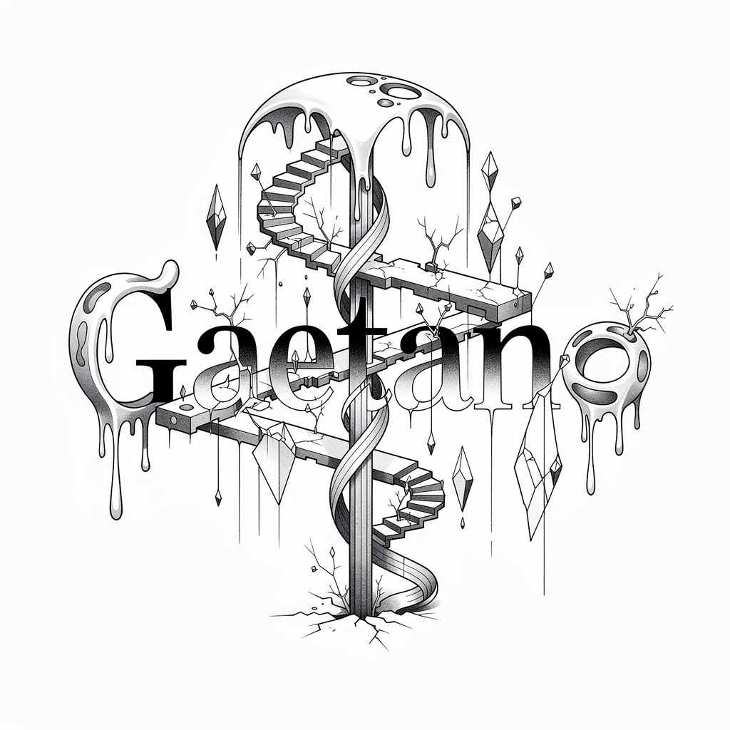 Surrealist tattoo concept of the name Gaetano formed by impossible structures on a white background.