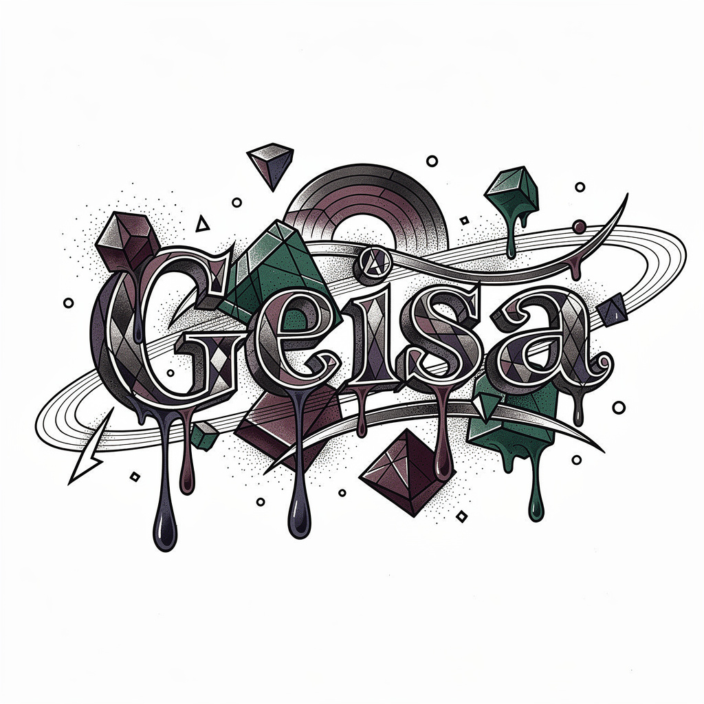Surrealist tattoo artwork integrating the name Geisa into abstract forms.