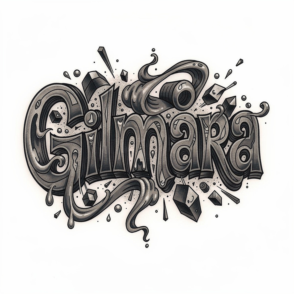 Surrealist tattoo-style design of the name Gilmara with abstract distorted lettering.
