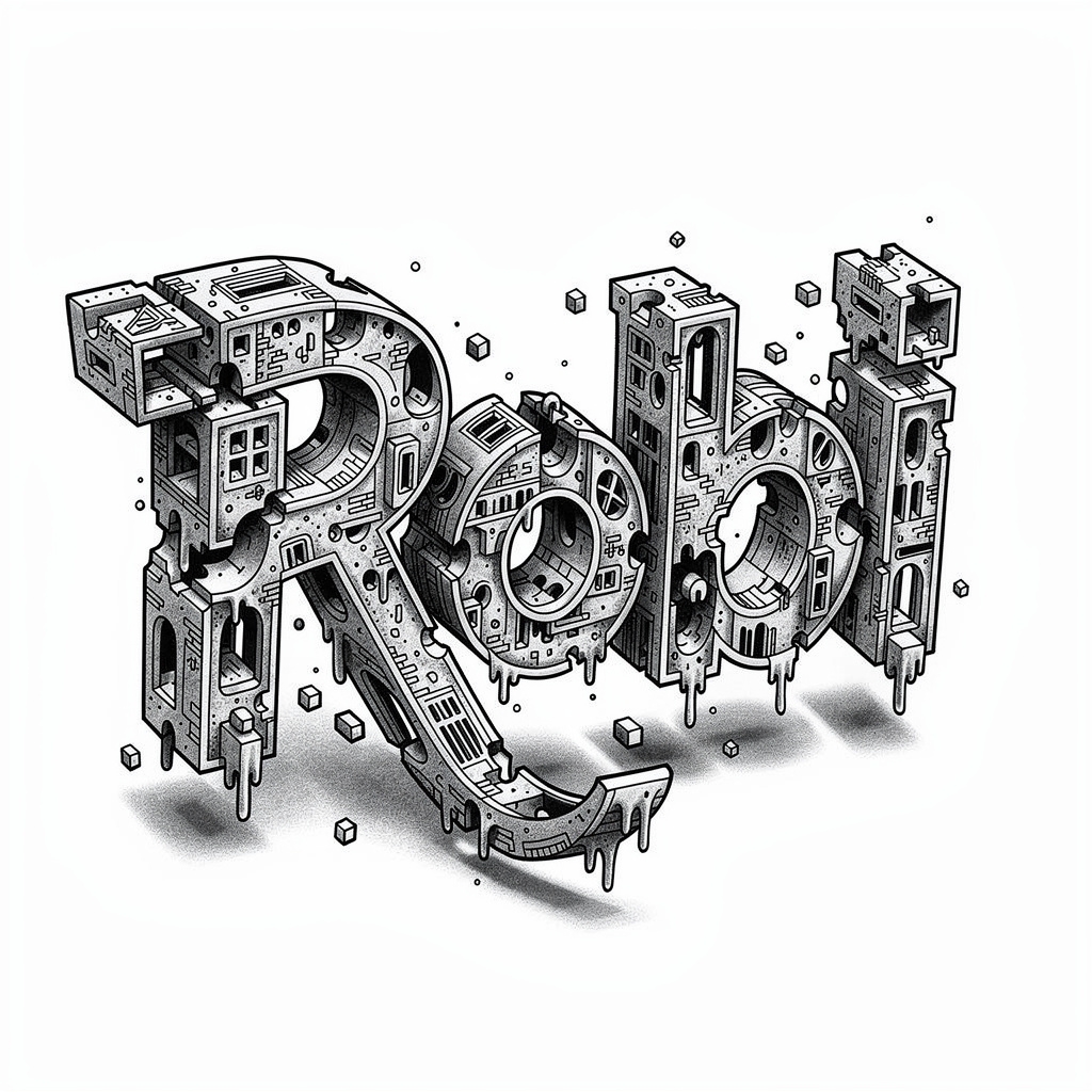 Surreal black and white tattoo design forming the name Robi from abstract structures