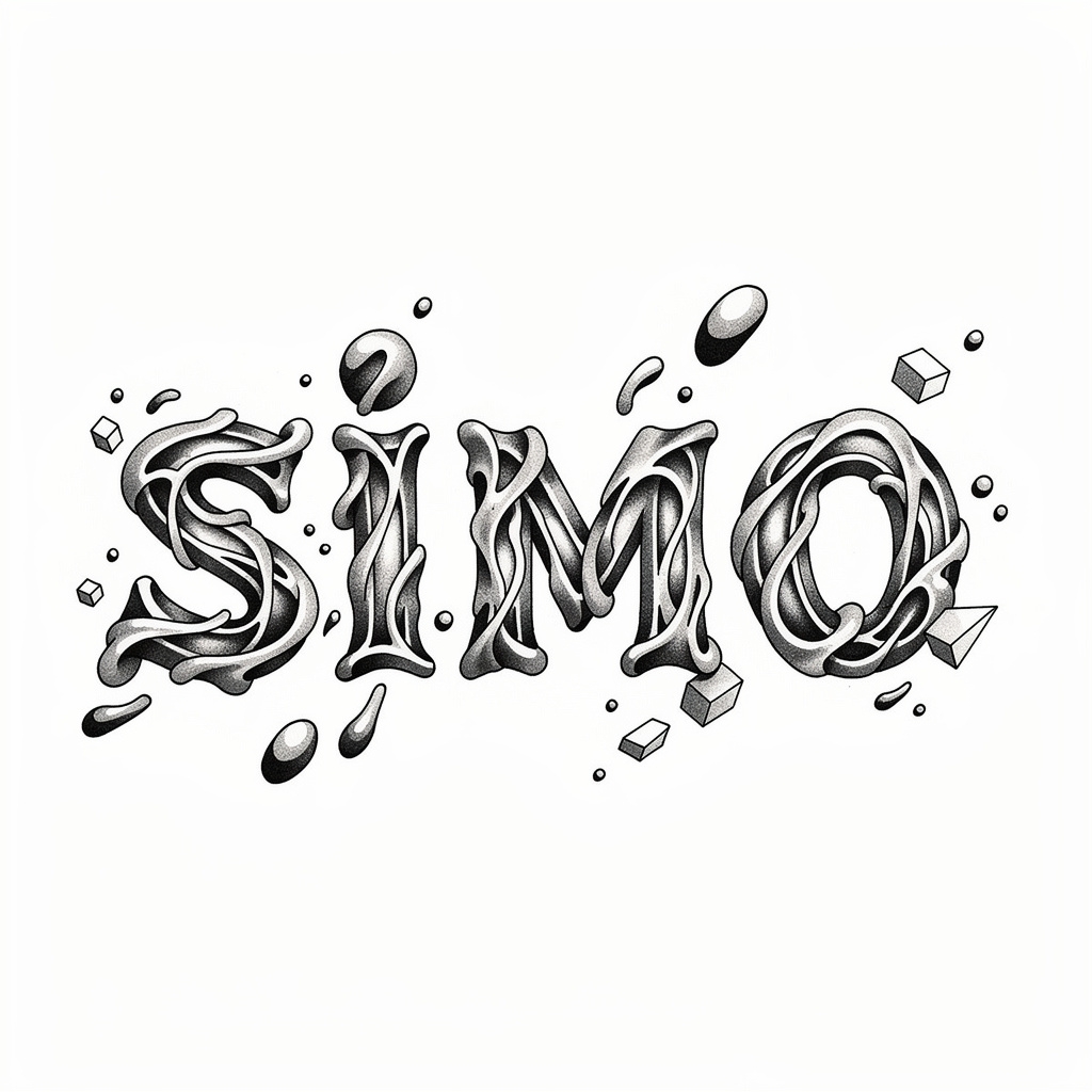Surreal black and gray tattoo artwork of the name Simo on white background.