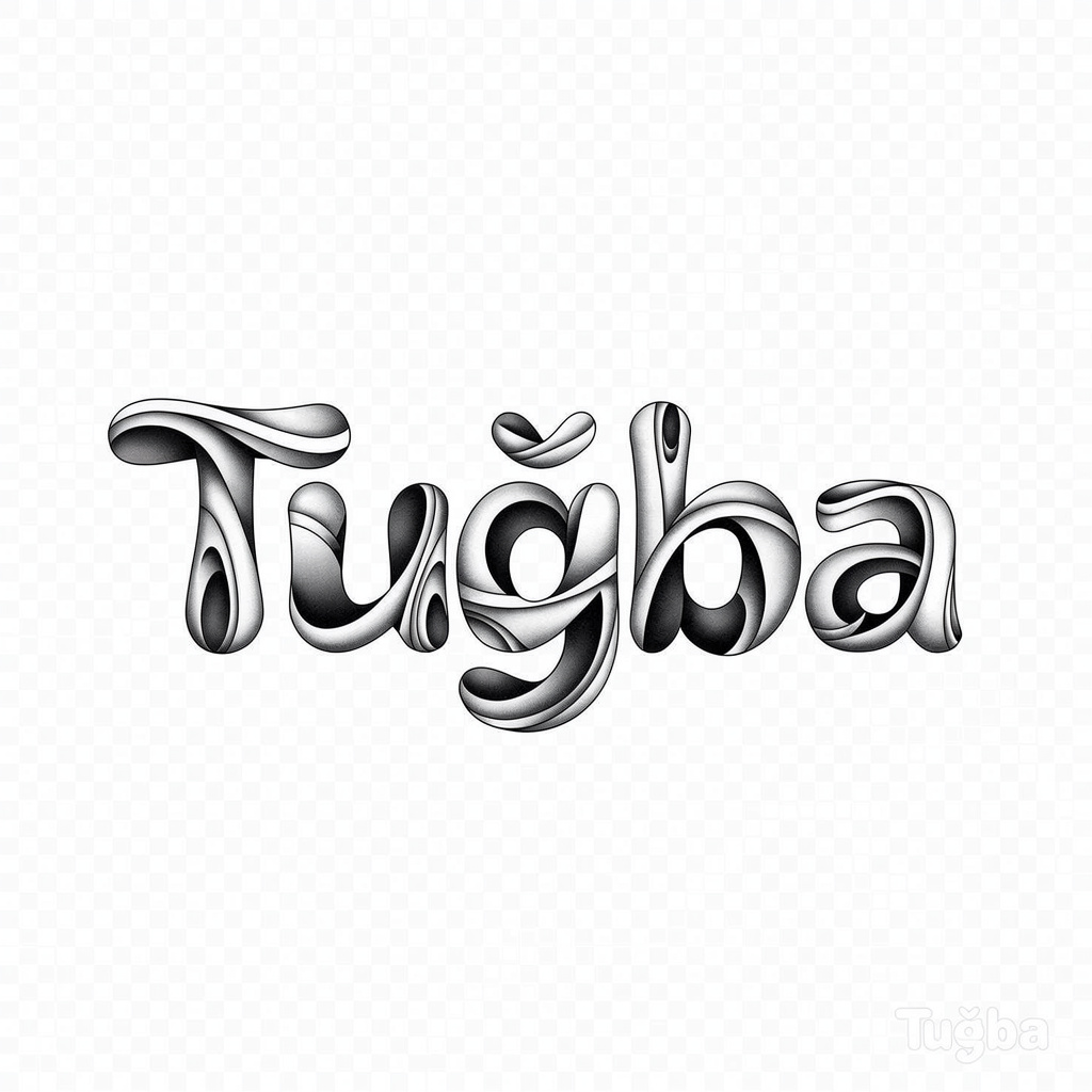 Surrealist black-and-gray tattoo design of the name Tuğba with melting, twisting letters.