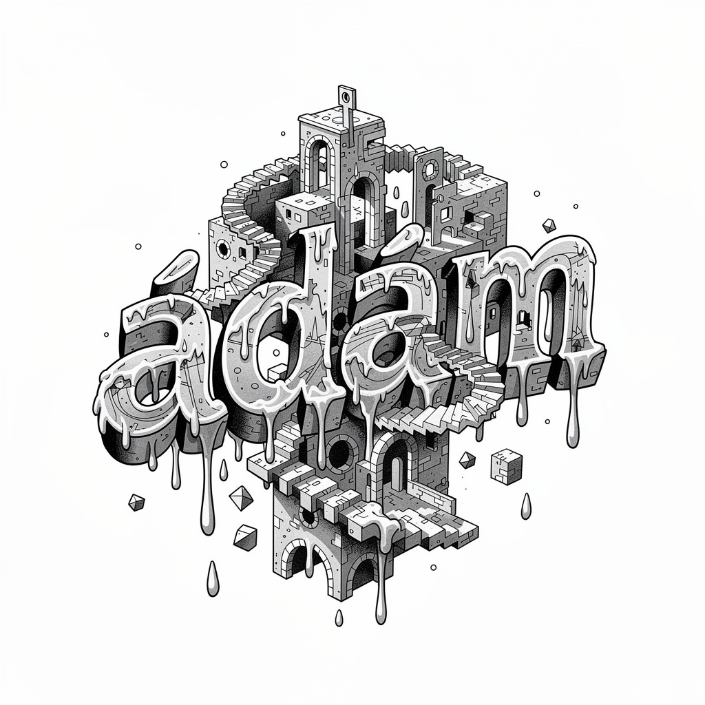 Surrealist tattoo concept where the name Ádám forms impossible shapes on a white background.