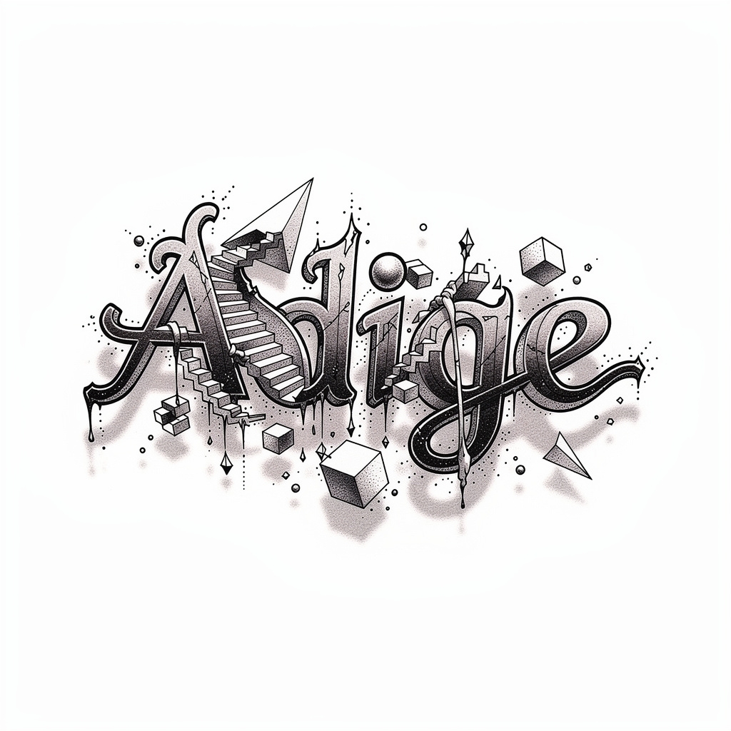 Surrealist tattoo artwork featuring the name Adige woven into dreamlike shapes.