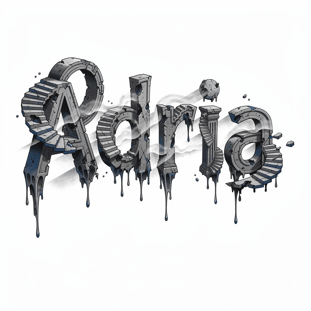 Surrealist black and blue tattoo design incorporating the name Adria into impossible architecture.