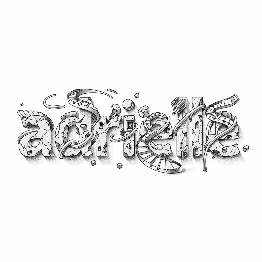 Surreal tattoo design forming the name Adrielle in impossible shapes.