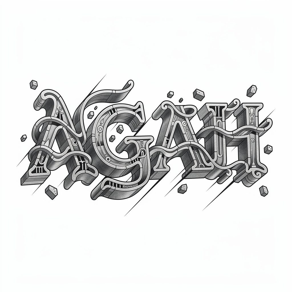 Surrealist black and gray tattoo design of the name Agah on white background.