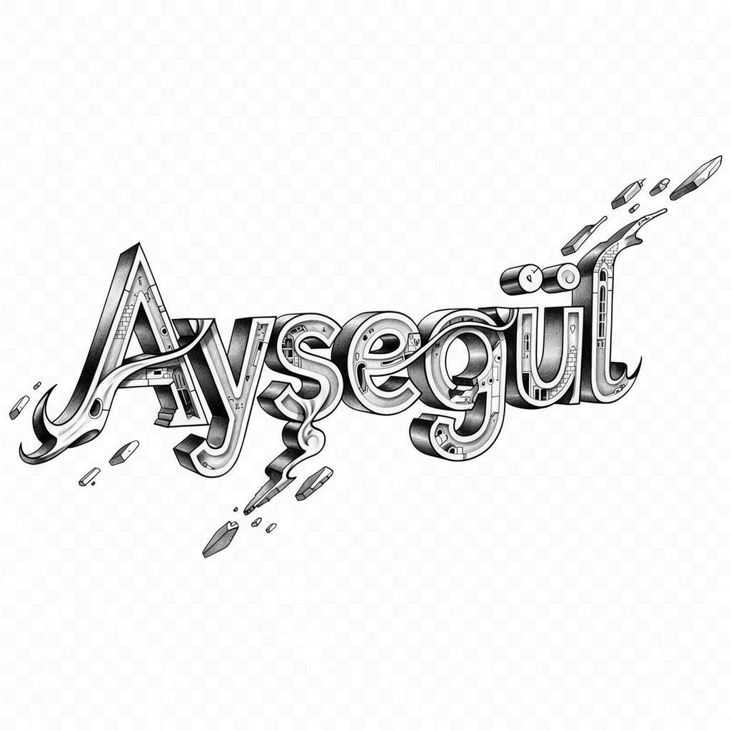 Surreal black and gray tattoo lettering of the name Ayşegül with distorted shapes.