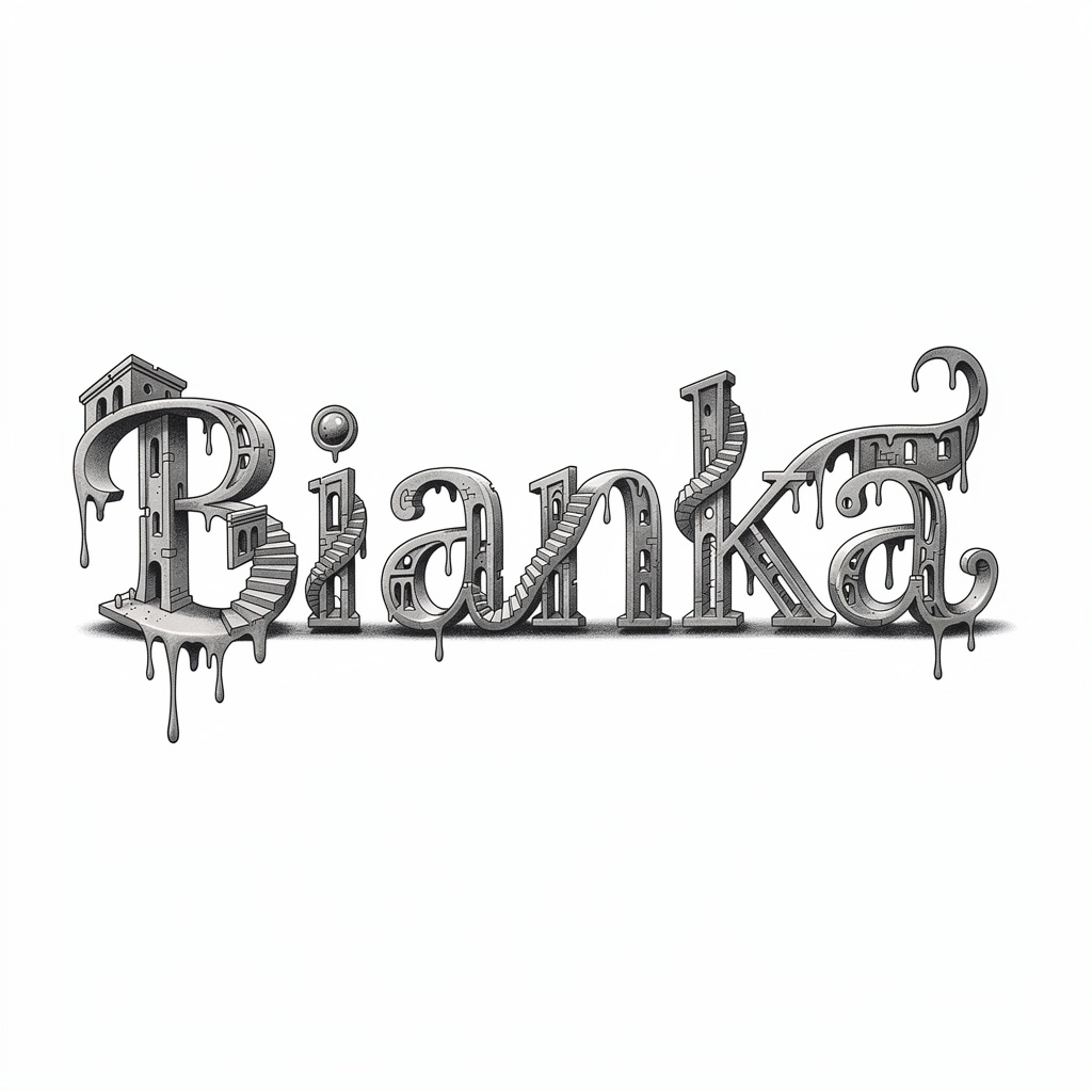 Surrealism-inspired tattoo design of the name Bianka on a white background.
