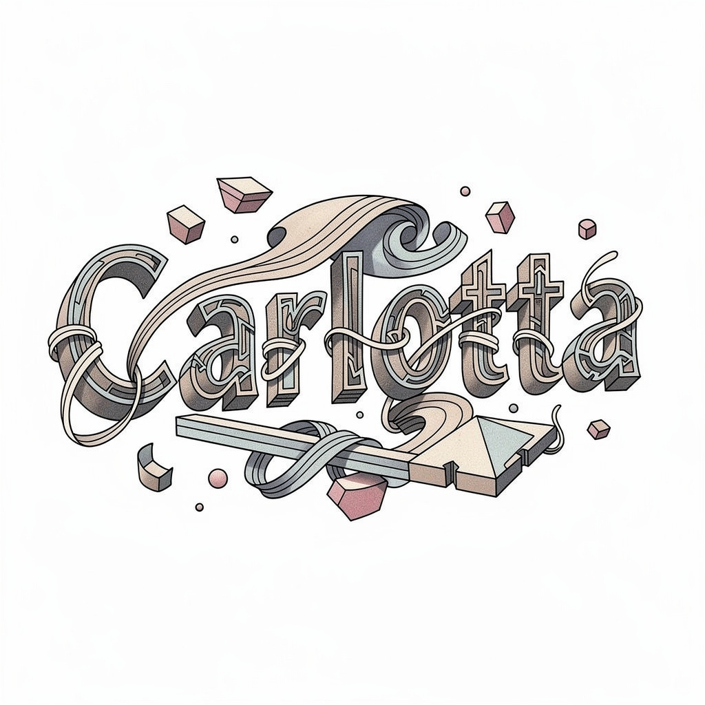 Surrealism-inspired tattoo design of the name Carlotta on a white background.