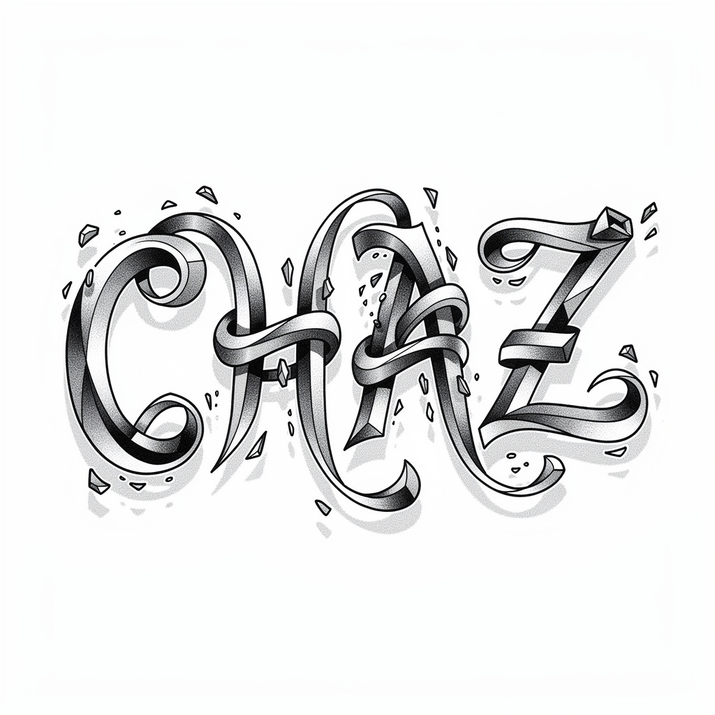 Surrealist tattoo design of the name Chaz in warped, dreamlike lettering on white.