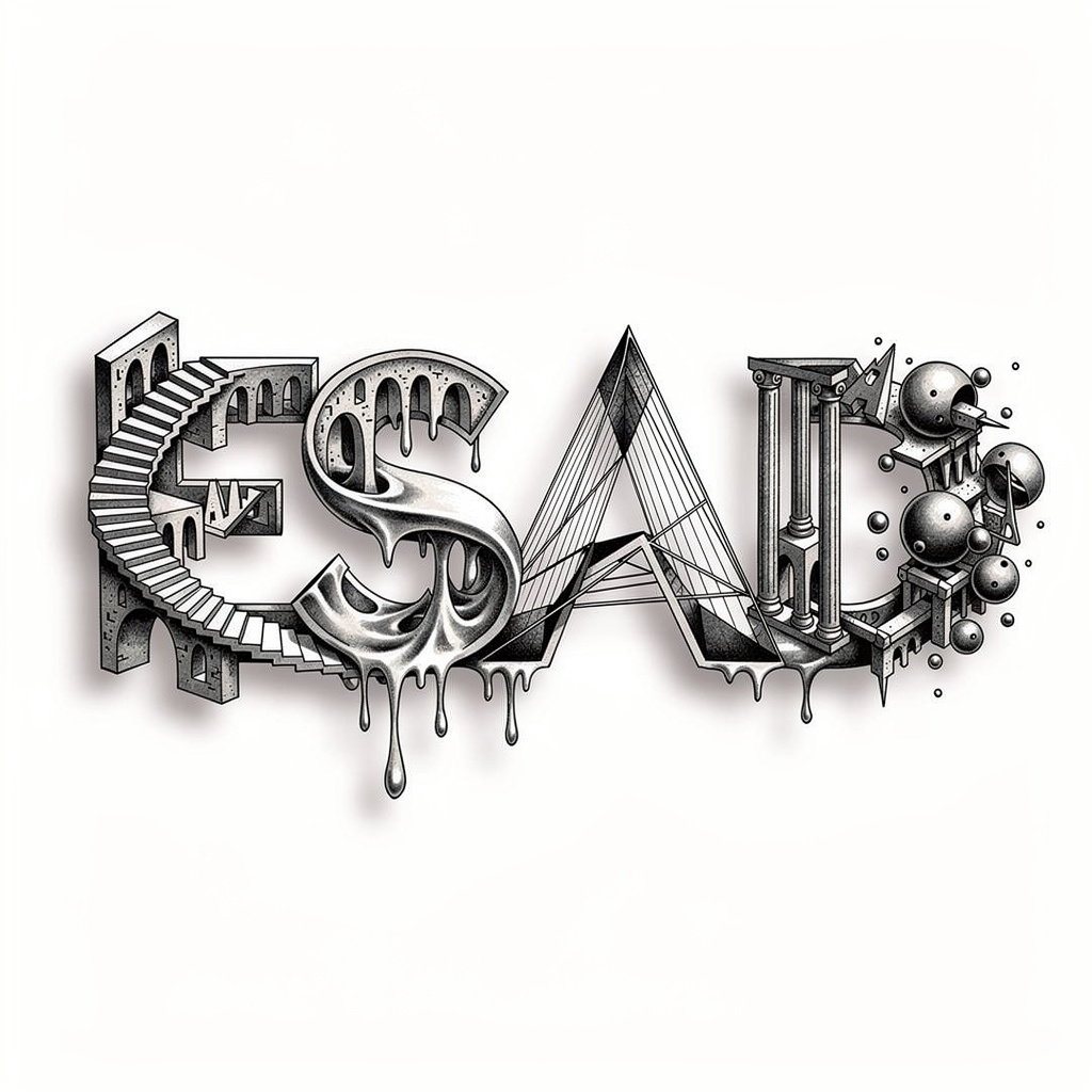 Surrealist tattoo design featuring the name Esad integrated into abstract dreamlike forms.