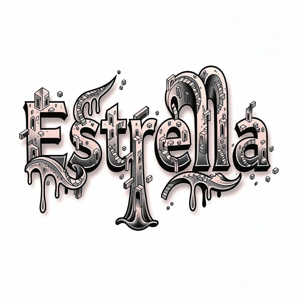 Surrealist tattoo-style design of the name Estrella on a white background.