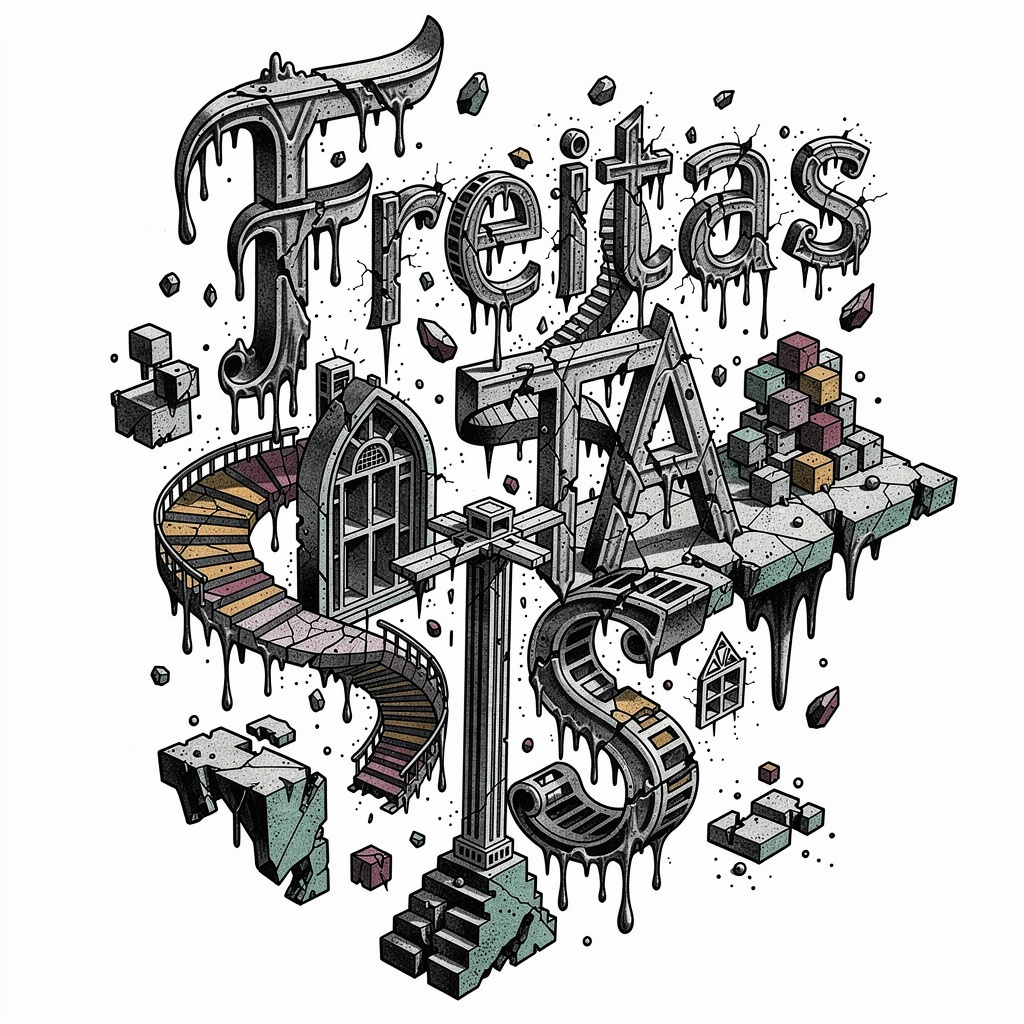 Surrealist tattoo artwork incorporating the name Freitas into abstract shapes on white.