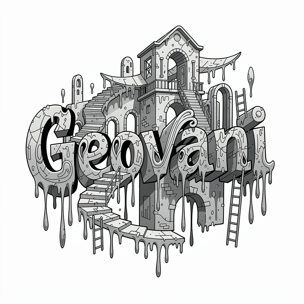 Surrealist black and gray tattoo design where the name Geovani forms abstract dreamlike shapes.
