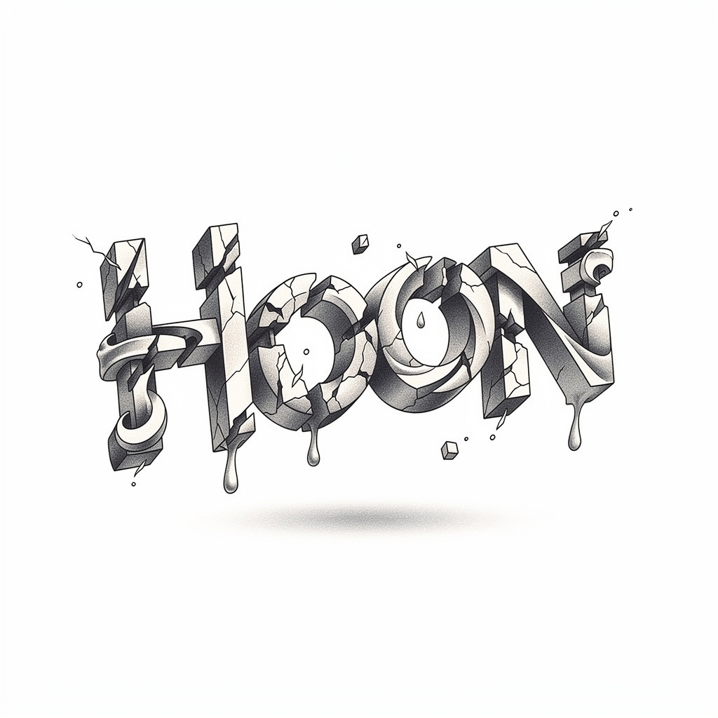 Surrealist tattoo concept where abstract shapes form the name Hoon on a white background.