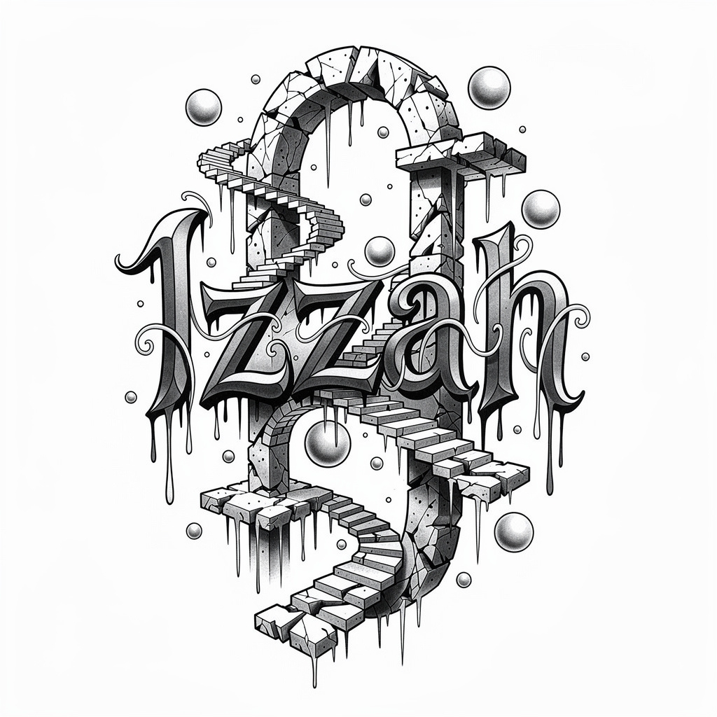 Surreal tattoo-style design where the name Izzah is formed by melting and floating shapes on a white background.