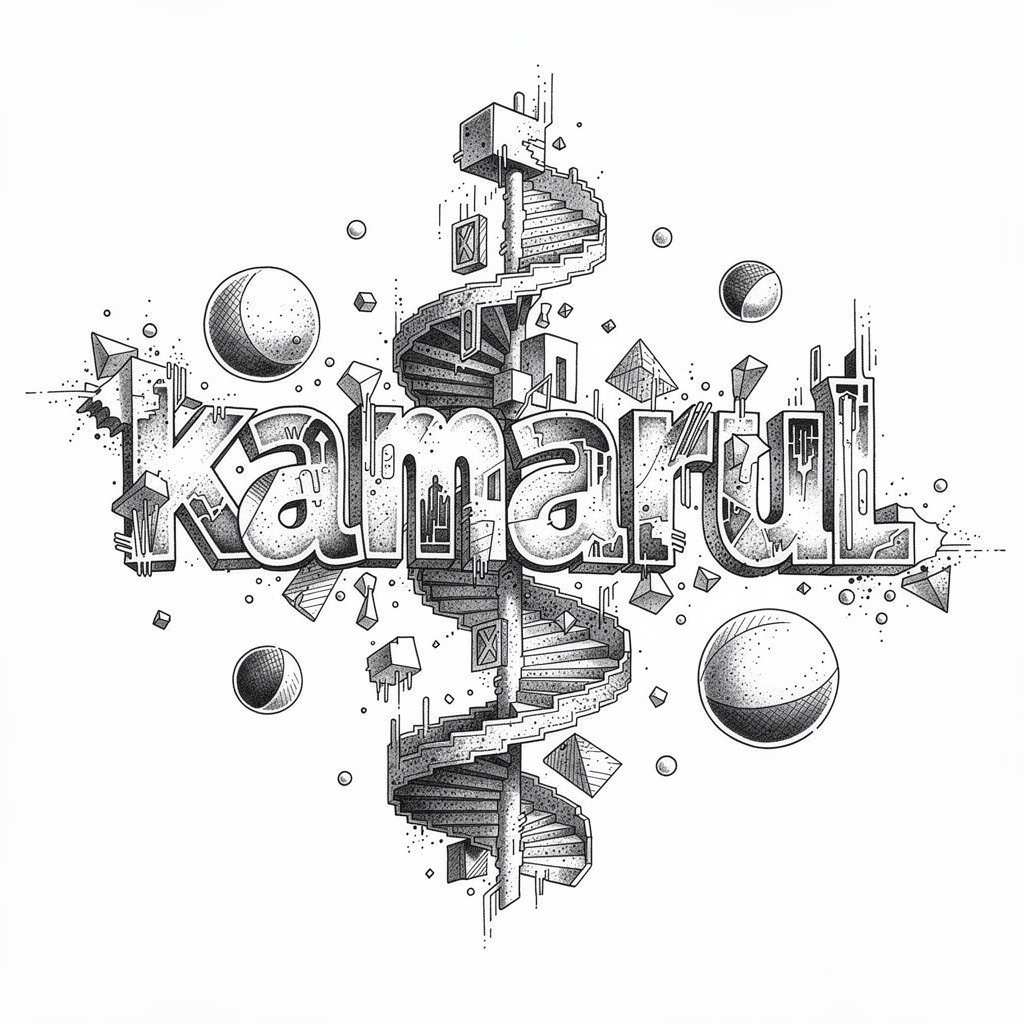 Surrealist tattoo artwork of the name Kamarul on a white background.